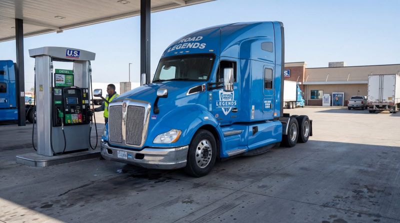 Road Legends lease purchase truck fueling at a diesel pump with an OTR driver on site