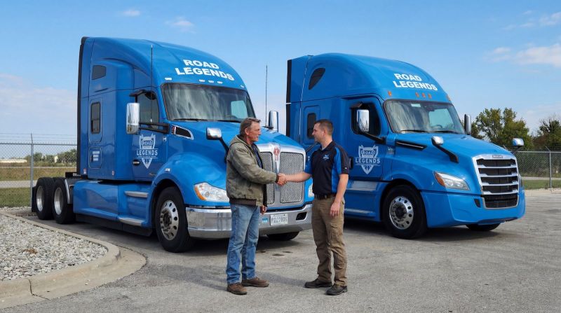 Road Legends lease purchase driver and company representative shaking hands beside two trucks